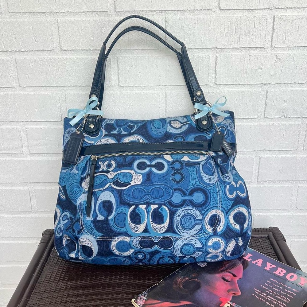 Y2K Coach Poppy Blue Glam Large Tote Bag with monogram print💙